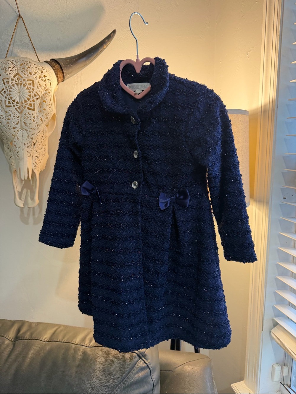 Nannette Girls' Navy Textured Peacoat with Bow Accents
